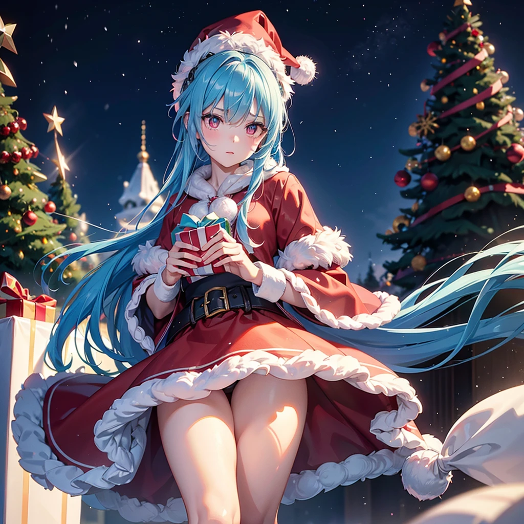 (Sky blue hair tied in a single strand),(Pink Eyes),Fair Skin,Full Body,Alone,Santa Claus Clothes,Giant Christmas Tree in the Background,Snowy Night,Sparkling Night Sky,gift box,Masterpiece, Top Quality, Very Detailed, Best Shadows,Detailed Background,Beautifully Detailed Face,High Contrast,Best Lighting, Very Delicate and Beautiful,Cinematic Light,Hyper Detail,8k,Dramatic Light,Exquisite Detail,