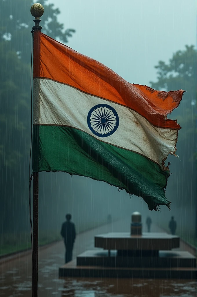 A tattered flag of India hoisted in rain with a background of silenced SA victims