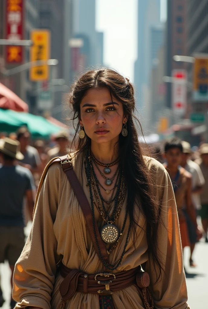 Please create an image of a nomadic woman in New York 


