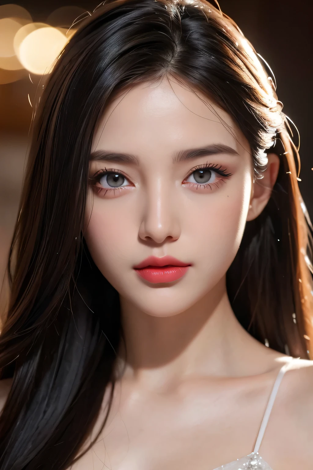 High-quality work,Realistic works,Super premium graphics,8K HD CG works,high quality graphics,High-definition and exquisite CG works,10x pixels,Ultra-fine details:1.1,Advanced technical details:1.1Realistic photo effects,Interior lighting effects:1.5,natural soft light:1.5. Light effect(Virtual light effects:1.8),ultra high resolution,shining dress,sliver long hair,silber hair,transparenthair,high detailed hair(Quality hair details:1.1)Clear eyes,Double eyelids look good,Sharp eye makeup, Create exquisite eyelash makeup, tthin eyebrows, Ultra-detailed eyes,a tall nose, lovely red lips, rosey cheeks, With delicate makeup on her face , pretty face, The face shape is perfectly proportioned,(Advanced facial details:1.1)1girl, long black hair, straight hair, Bright red lipstick,big eyes,black eyes,looking at viewer, black dress (masterpiece, best quality:1.4),(photorealistic:1.4)(realistic, photo-realistic:1.4),8k UHD,ultra high res, , Women's artwork,Dress full body video,Realism,Amazing Cleavage,My eyes are very bright today