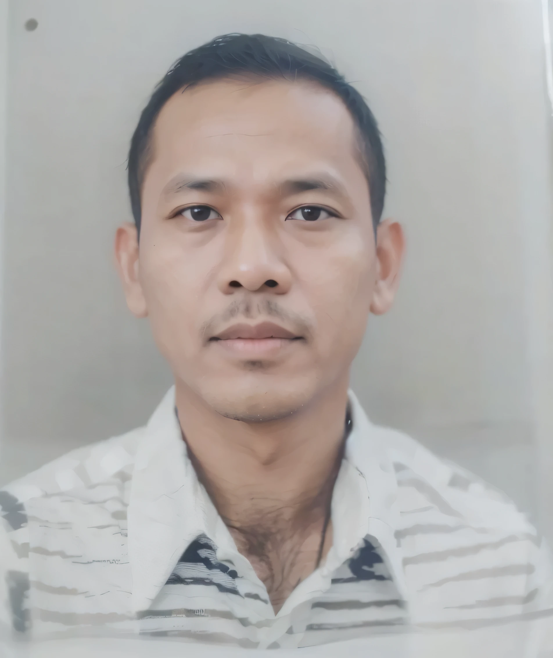 A father from Indonesia wearing a white shirt with black stripes pattern