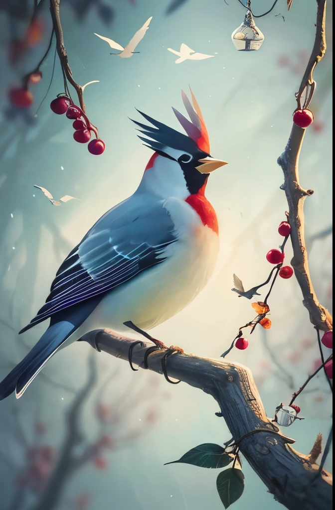 there is a bird that is sitting on a branch with berries, by Charles Bird King, beautiful nature, beautiful!!!!!!!!!, incredibly beautiful, beautiful and graceful, beautiful gorgeous, gorgeous beautiful, gorgeous and beautiful, inspired by Charles Bird King, ethereal bohemian waxwing bird, surrealistic bird, bird, beautiful detail, inspired by Paul Bird, a surrealistic bird, amazing beauty