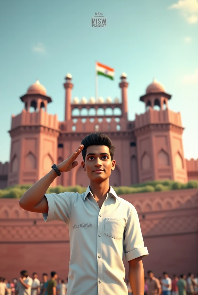 Create a 3D Realistic image of 22 years old boy is wearing White color shirt and saluting to indian flag and behind him red fort placed a hoisting flag on that, written Happy Independence Day 2024" on the sky and "SMStarPodcast" is written on his shirt with bold letters and also in overall image has the divine background like indian republic day. Everyone is celebrating.