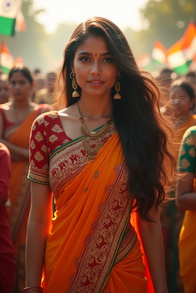 vibrant, 4k, picture of a fair indian woman in saree with tude top blouse,standing tall, preety and beautiful, sensual luring, inviting very long hairs.People around in celebration transforming herself to happy independence day mood.