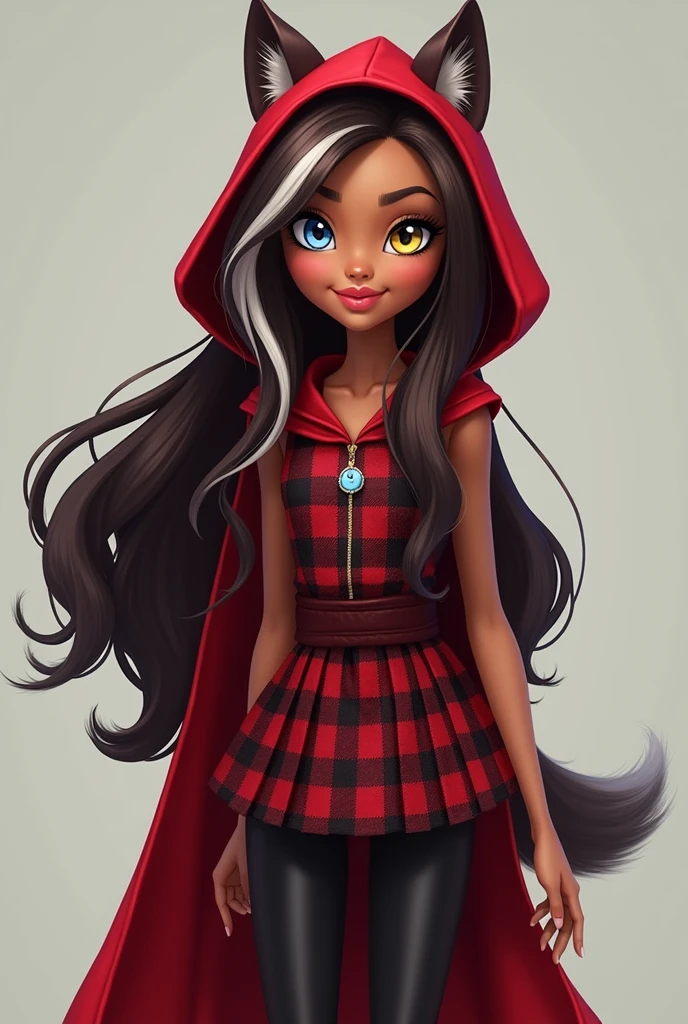 Cerise Hood from Ever After High has long, dark brown hair with several white streaks (predominantly on the left side) and slate gray-blue eyes. She has tan skin like her father. When she has her wolf-like outbursts, her eye color changes to yellow gold. Cerise Hood wears a plaid red and black top with skater skirt, leggings, and a red hooded cape. She also has brown hair with white streaks, wears a pair of brown wedge boots. She is shy. https://royal-rebel-pedia.fandom.com/wiki/Cerise_Hood/Outfits