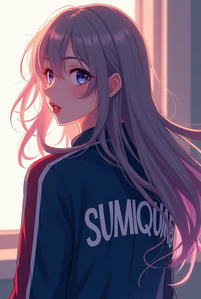 Anime woman with no bangs long hair, facing back with side head wearing jacket with my last name SUMIQUIAB