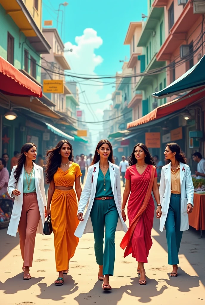 Indian women corporate, hawkers and women doctor in the doctor coats safely walking around on Indian Streets.