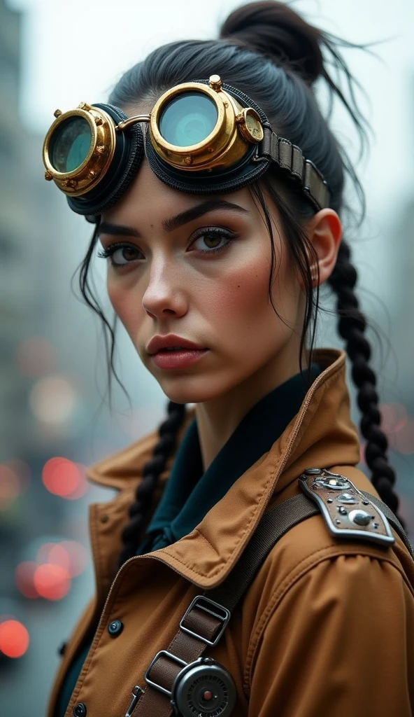 A (24-year-old Colombian woman:1.2), full body view, (facing the camera:1.1), detailed European features, (aspirational expression:1.1), ((steampunk-style goggles)), ((steampunk city in the background)), raw, analog style, ultra-detailed photography, cinematic lighting, art station, 4k, sharp focus, high resolution, detailed skin, detailed eyes, detailed lips, long eyelashes, elegant pose, (steampunk fashion:1.2), (intricate mechanical detailing:1.3), mechanical gears, (advanced technology:1.1), futuristic atmosphere
