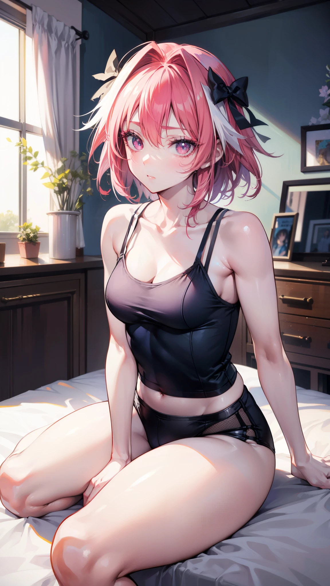 Pink Hair, Pink Eyes、girl、Small breasts、Hair Bun、girl、Small breasts、Bright smile、Looks about 15 years old、Petan Musume、He is short、Eye highlights、Sexy thighs、In underwear、Wearing sexy underwear、Showing armpits