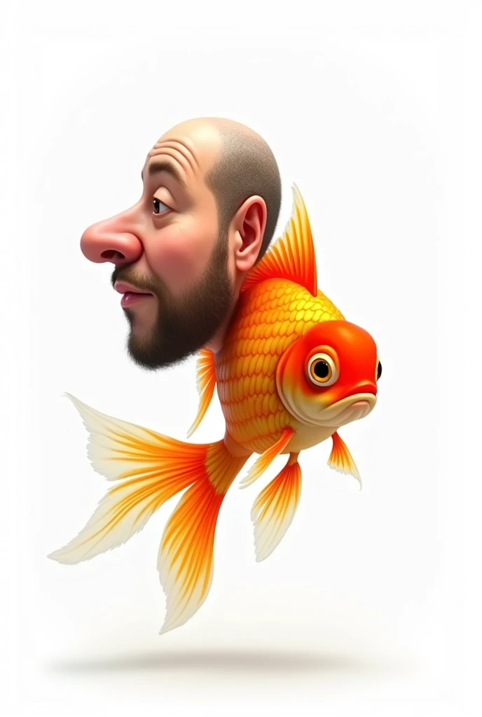 Caricature of a goldfish with a man's head, without beard, side view, white background 