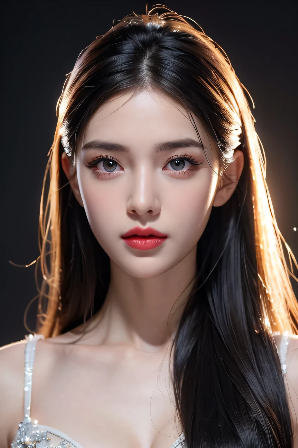 High-quality work,Realistic works,Super premium graphics,8K HD CG works,high quality graphics,High-definition and exquisite CG works,10x pixels,Ultra-fine details:1.1,Advanced technical details:1.1Realistic photo effects,Interior lighting effects:1.5,natural soft light:1.5. Light effect(Virtual light effects:1.8),ultra high resolution,shining dress,sliver long hair,silber hair,transparenthair,high detailed hair(Quality hair details:1.1)Clear eyes,Double eyelids look good,Sharp eye makeup, Create exquisite eyelash makeup, tthin eyebrows, Ultra-detailed eyes,a tall nose, lovely red lips, rosey cheeks, With delicate makeup on her face , pretty face, The face shape is perfectly proportioned,(Advanced facial details:1.1)1girl, long black hair, straight hair, Bright red lipstick,big eyes,black eyes,looking at viewer, black dress (masterpiece, best quality:1.4),(photorealistic:1.4)(realistic, photo-realistic:1.4),8k UHD,ultra high res, , Women's artwork,Dress full body video,Realism,Amazing Cleavage,My eyes are very bright today
