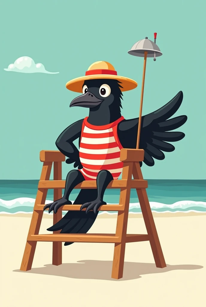 ((circle logo)), ((1950s)), (cartoon), black crow lifeguard wearing a red and white striped jumper and a straw hat sitting in a tall wooden lifeguard tower chair on a white sand beach, holding a small handheld antenna dish in wing