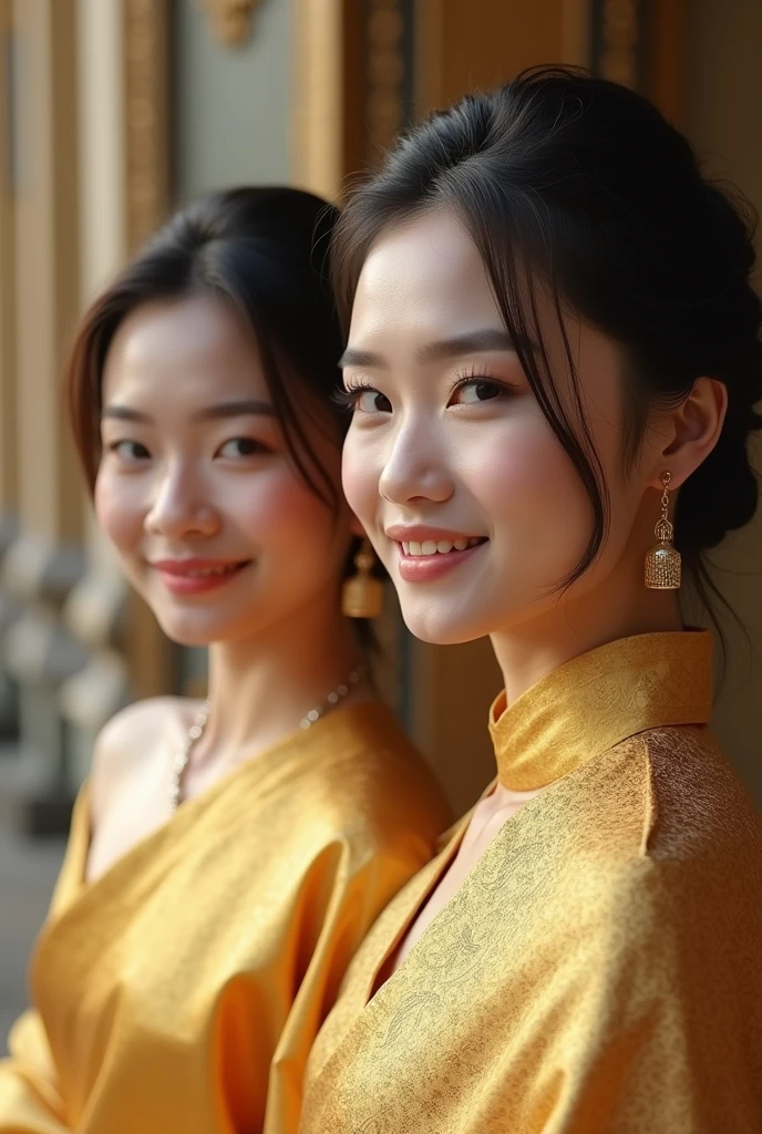 A virtual image of a man and a woman with beautiful and handsome faces..(((There are no two men. There are no two women.))), Wearing a golden traditional Thai dress at a wedding ceremony in a studio..,Women wear golden Thai silk with intricate patterns.. , A man wearing a golden cloth., The pores can be clearly seen. ,The backdrop is an ancient Thai tourist attraction., Clean white brochure. Comfortable body with high resolution photos,Don't wear a crown..,Don't close your eyes.,beautiful light, Soft eyes.
