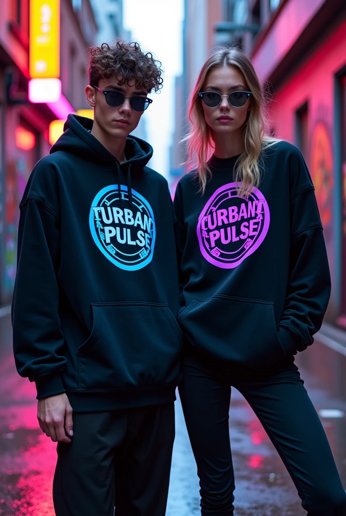 Show two diverse fashion models wearing 'Urban Pulse' streetwear in a vibrant urban setting. They should be dressed in bold t-shirts and hoodies, featuring the modern 'Urban Pulse' logo in bright neon colors like blue and purple against black or white fabrics. The models should display confidence and energy, standing or walking together with dynamic poses that capture the essence of the brand’s youthful, creative, and daring identity. The urban background should include graffiti, neon signs, or city architecture to emphasize the edgy, street-style aesthetic."