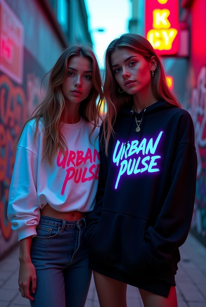 Show two diverse fashion models wearing 'Urban Pulse' streetwear in a vibrant urban setting. They should be dressed in bold t-shirts and hoodies, featuring the modern 'Urban Pulse' logo in bright neon colors like blue and purple against black or white fabrics. The models should display confidence and energy, standing or walking together with dynamic poses that capture the essence of the brand’s youthful, creative, and daring identity. The urban background should include graffiti, neon signs, or city architecture to emphasize the edgy, street-style aesthetic."