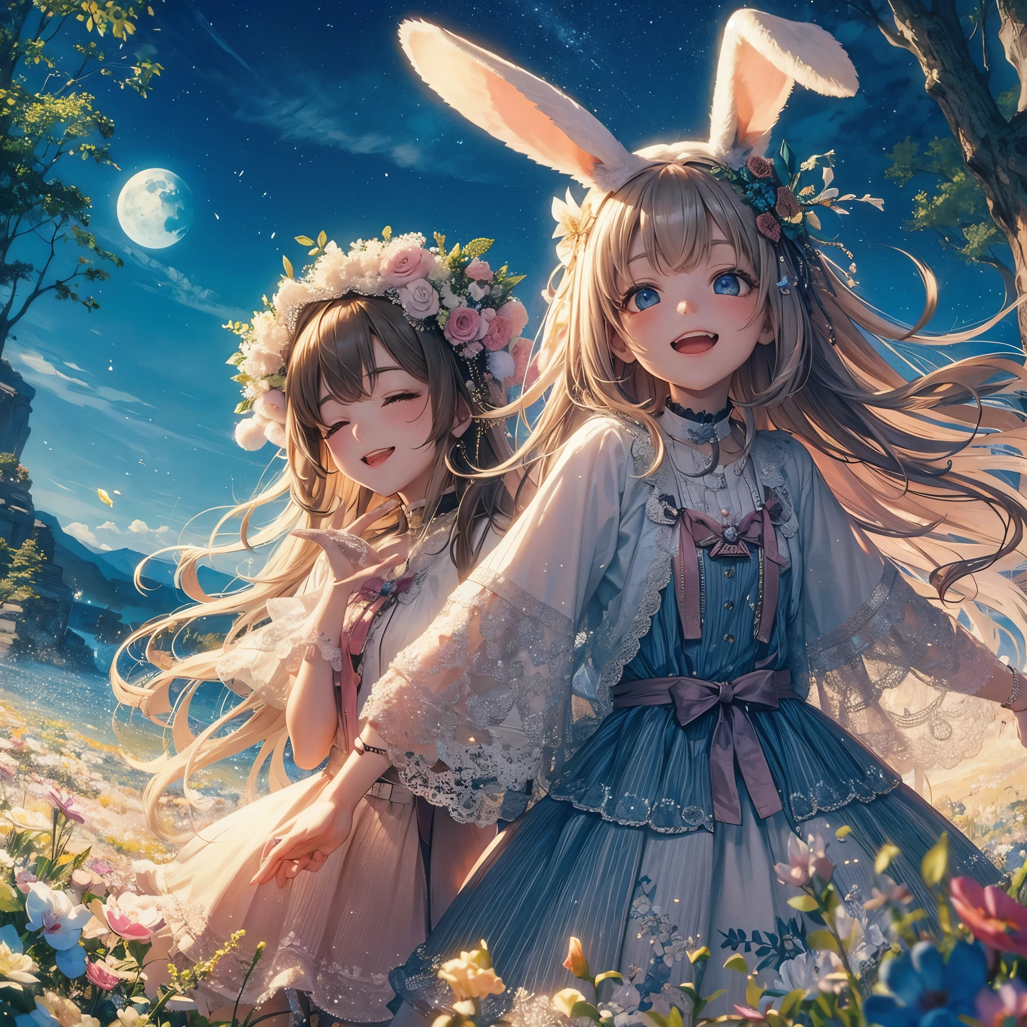 Alice's worldview in Wonderland,2 people,Tree branches and a flower field in front.,A swing floating in the sky,full moon,best quality,ultra detailed,insanely detailed,exquisite,beautiful,16K,absurdres,forest,florals,happy,smiling,laughing,with rabbit ears,happy scene,outside,in the forest,in the field of flowers,in the clouds,in the sky,with a moon,with a starry sky,with a flower,with a tree,cute,fantasy,photorealistic,realistic photo,art decomasterpiece,best quality,ultra detailed,insanely detailed,exquisite,beautiful,16K,absurdres,forest,florals,happy,smiling,laughing,with rabbit ears,happy scene,outside,in the forest,in the field of flowers,in the clouds,in the sky,with a moon,with a starry sky,with a flower,with a tree,Midnight Tea Party,From below,Thigh to head,smile,Open your mouth,Hair Ribbon,Castle,Night Sky,night,Light shines in,Lighting using airborne particles