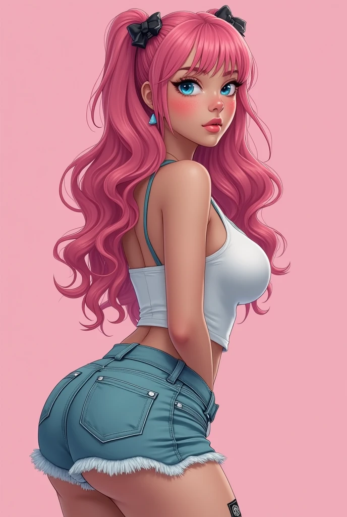 detailed aqua eyes, pink hair, (aqua eyes), Official art, Unity 8k Wallpaper, Ultra-detail, Beautiful and aesthetic, masterpiece, Best Quality, 1girl, big tits, Extremely detailed, elegant, vivd color, romanticism, arms behind back, street fashion, shiny skin, sexy pose, ((pink background)), heavy blushing, upper body, straight on, (cleavage), perfect thighs, standing, casual, funky graphic design,