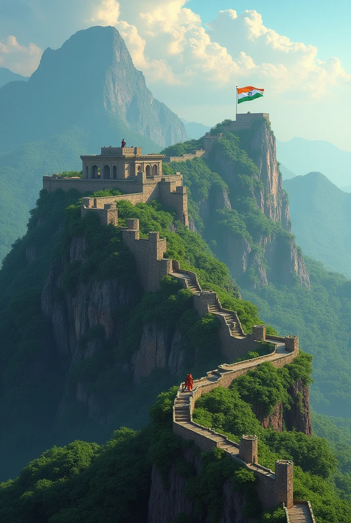 Creat a image of raigad fort on mountain with lush green background with Indian flag on the top with shivaji maharaj standing there 