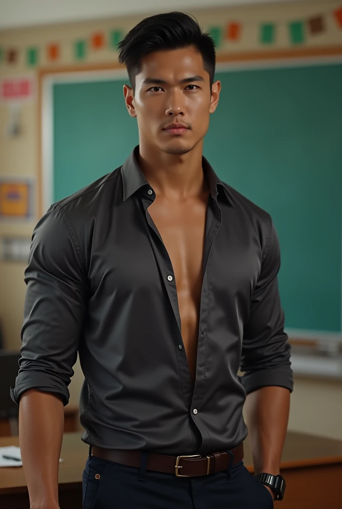 Vietnamese gentleman, 25 years old, stupid face,teacher,shiny tight clothes, tanned skin,Handsome and elegant, Wearing a  uniform, sexy , Masculine and handsome，musculous，Muscles look good,,, Full body photo,(ultra-detailed, photorealistic, best quality, 4k, 8k, highres, masterpiece:1.3), a mature man, charming and distinguished , (muscular build body), wearing tailored shiny  dress shirt,  sweat, unbutton buttons shirt, lewd face ,tight chest, sex,See-through shirt, erotic, horny, , Accessories include a luxury wristwatch, in the Classroom‎,looking at viewer,muscle veins,no underwear ,Tight shirt makes muscle,unbutton,six pack,squat,view from below