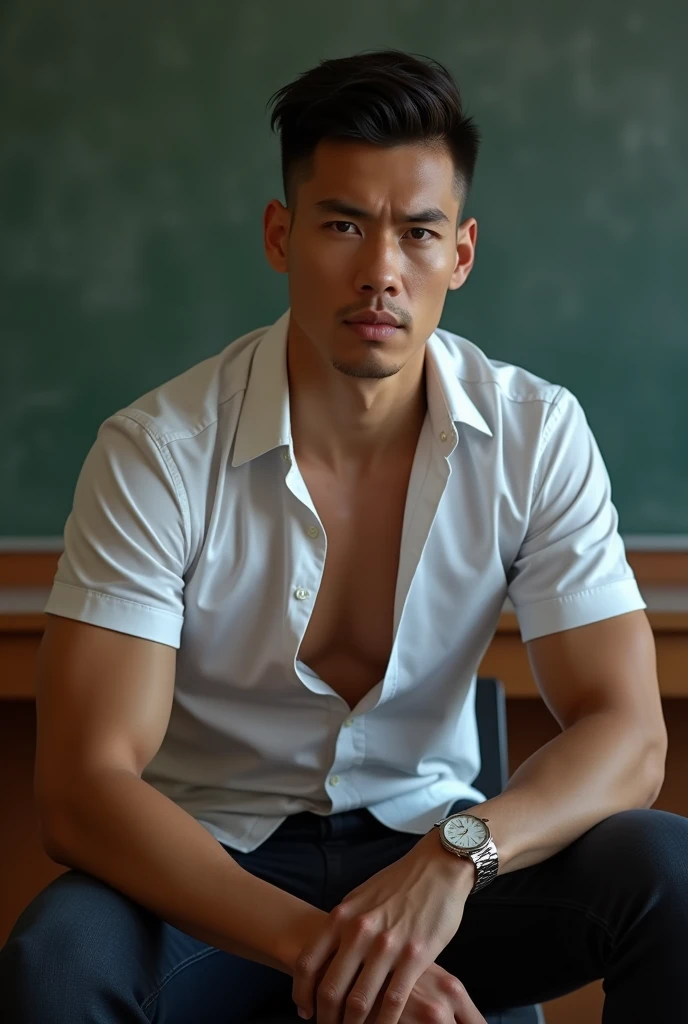 Vietnamese gentleman, 25 years old, stupid face,teacher,shiny tight clothes, tanned skin,Handsome and elegant, Wearing a uniform, sexy , Masculine and handsome,musculous,Muscles look good,,, Full body photo,(ultra-detailed, photorealistic, best quality, 4k, 8k, highres, masterpiece:1.3), a mature man, charming and distinguished , (muscular build body), wearing tailored shiny dress shirt, sweat, unbutton buttons shirt, lewd face ,tight chest, sex,See-through shirt, erotic, horny, , Accessories include a luxury wristwatch, in the Classroom,looking at viewer,muscle veins,no underwear ,Tight shirt makes muscle,unbutton,six pack,squat,view from below