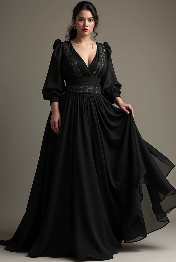 Fat woman in a long dress, In the black color, circle skirt, come with applications, long and flowing sleeves