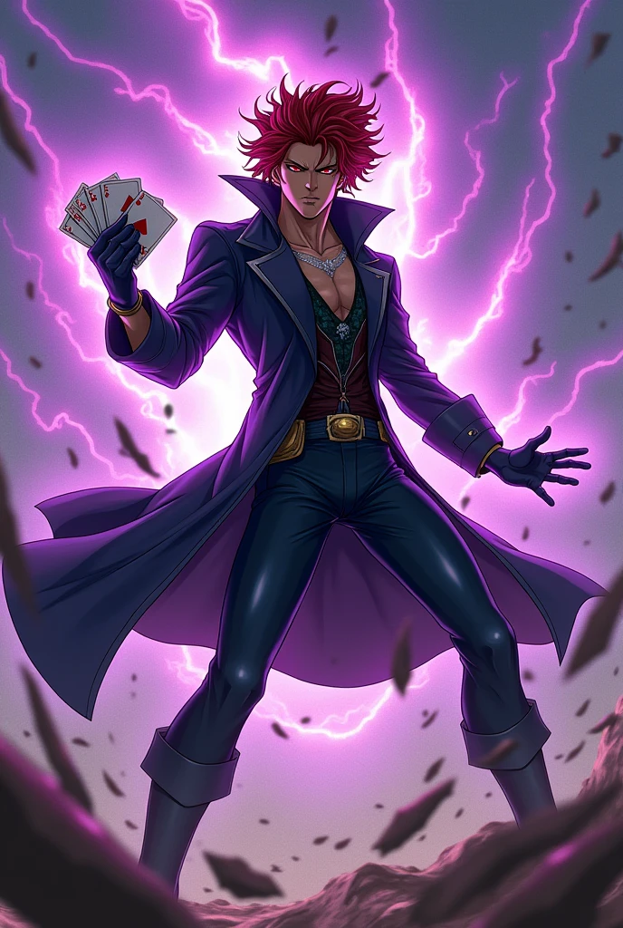 Gambit in an anime version of X-Men with a purple aura around him in an epic battle