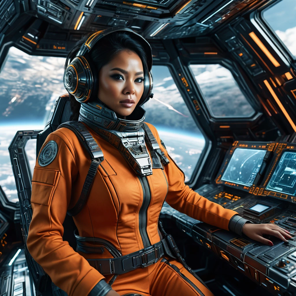 dynamic shoot, frontal angle, an Indonesian woman, in the cockpit of a spaceship, futuristic clothing, the atmosphere of a battle in outer space seen from the cockpit window, intricate details of the cockpit interior, futuristic and sophisticated, sharp details on every element, high octane render, sci-fi, UHD, HDR+, 32K