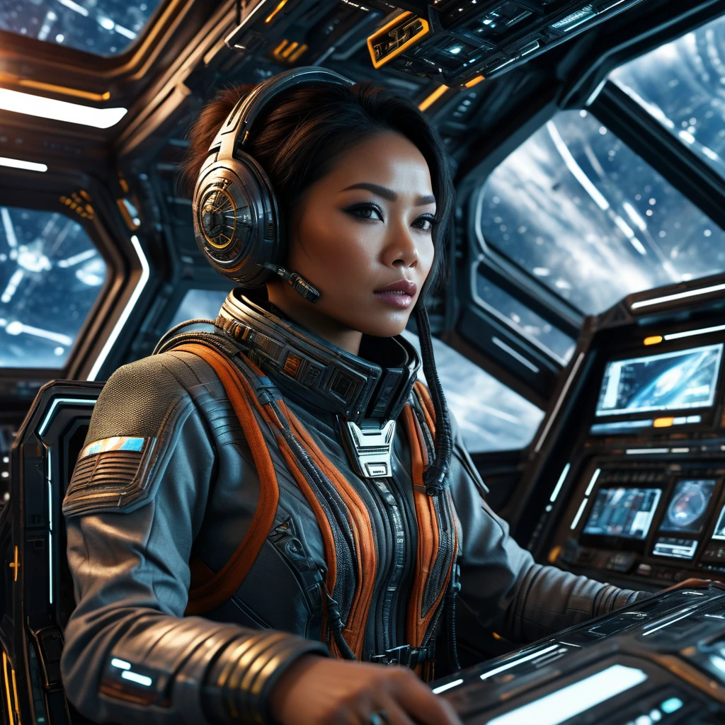 dynamic shoot, frontal angle, an Indonesian woman, in the cockpit of a spaceship, futuristic clothing, the atmosphere of a battle in outer space seen from the cockpit window, intricate details of the cockpit interior, futuristic and sophisticated, sharp details on every element, high octane render, sci-fi, UHD, HDR+, 32K