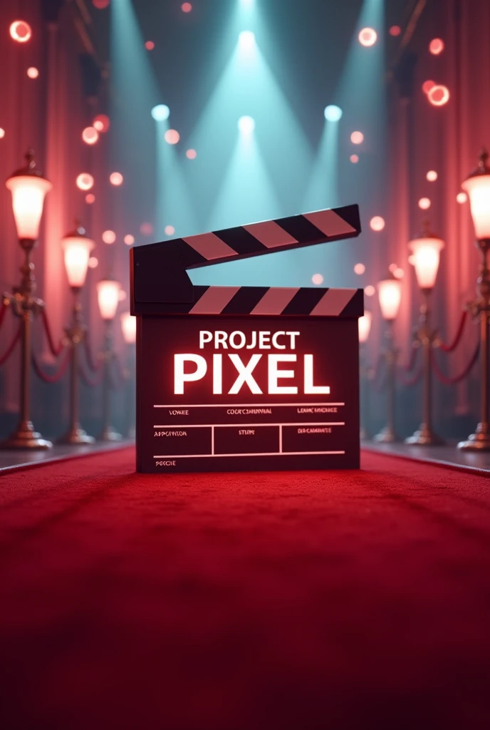 A logo/profile for my YouTube channel, which name is "PROJECT PIXEL" With a a movie clapboard. Title should be highlight and large. More realistic and effective. Dreamy, attractive with effective, hollywood level, besides lights ,red carpet