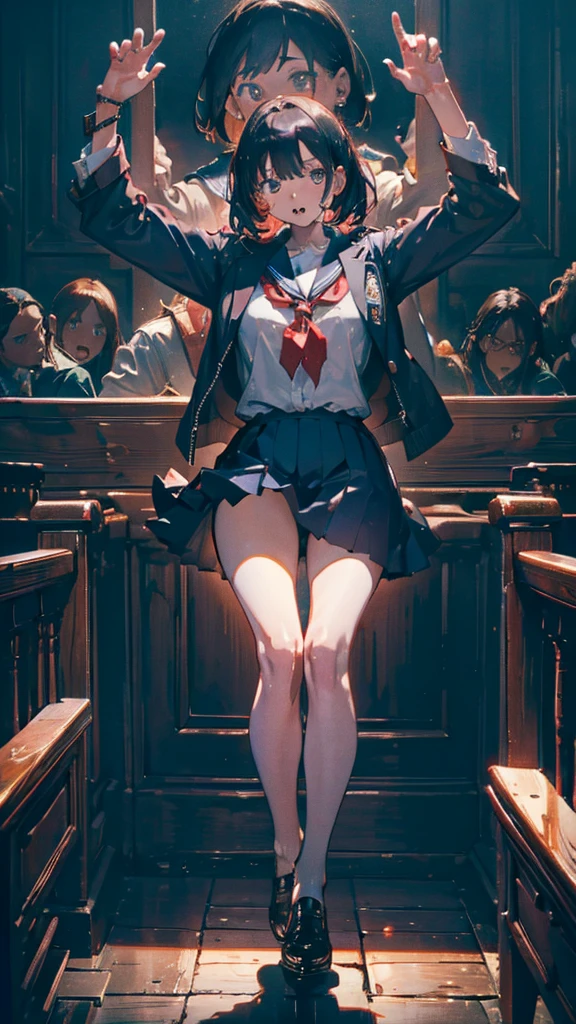 One person, (Crazy behavior:1.5), Deep Skin, Multiple hands, school uniform, Highest quality, Very detailed, Surrealism, cinematic lighting, masterpiece, UHD, best quality, highres, 8k