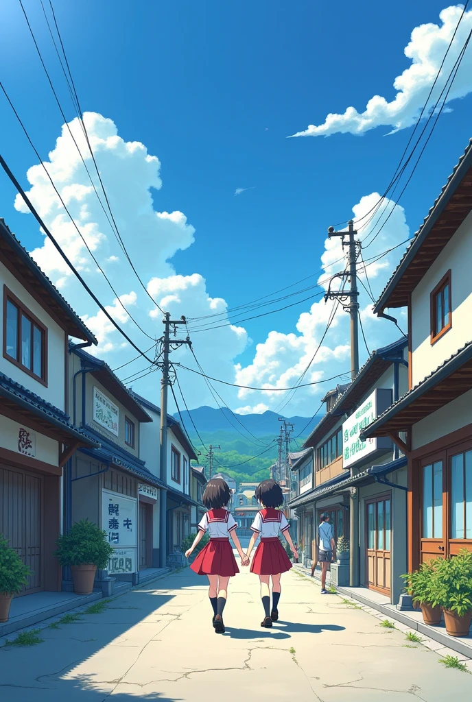 anime studio ghibli,Blue sky and white clouds,2 school girls walking on a Japanese street, shops, JK