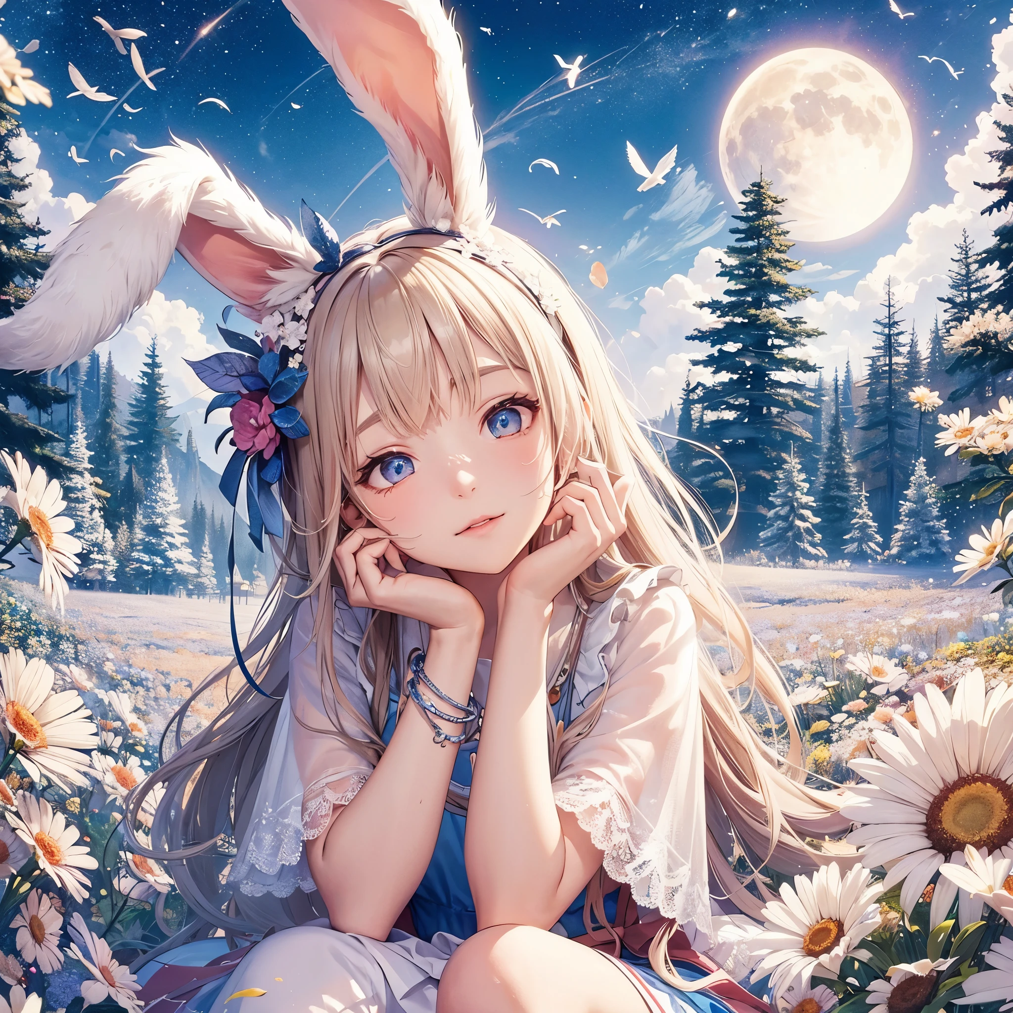 Alice's worldview in Wonderland,2 people,Tree branches and a flower field in front.,A swing floating in the sky,full moon,best quality,ultra detailed,insanely detailed,exquisite,beautiful,16K,absurdres,forest,florals,happy,smiling,laughing,with rabbit ears,happy scene,outside,in the forest,in the field of flowers,in the clouds,in the sky,with a moon,with a starry sky,with a flower,with a tree,cute,fantasy,photorealistic,realistic photo,art decomasterpiece,best quality,ultra detailed,insanely detailed,exquisite,beautiful,16K,absurdres,forest,florals,happy,smiling,laughing,with rabbit ears,happy scene,outside,in the forest,in the field of flowers,in the clouds,in the sky,with a moon,with a starry sky,with a flower,with a tree,Midnight Tea Party,From below,Thigh to head,smile,Open your mouth,Hair Ribbon,Castle,Night Sky,night,Light shines in,Lighting using airborne particles