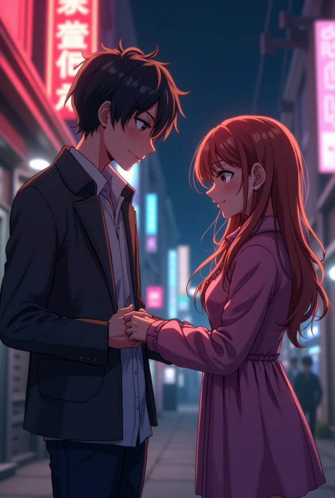 Create an anime-style image of a 21-year-old boy with a mischievous smile trying to remove the girl's clothes. A blushing girl stands closer, playfully tugging at her outfit. The setting is a dimly lit urban street with neon lights, creating a flirty, seductive vibe that reflects the line, "Are you a magician? Because whenever you’re around, your clothes disappear in my mind."