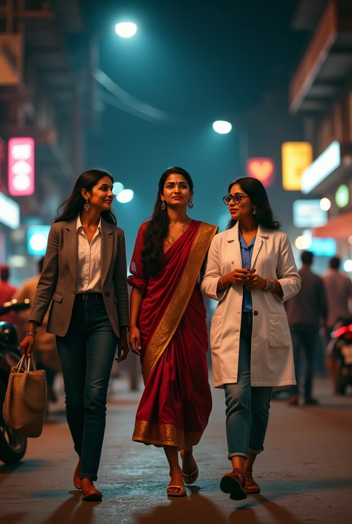 Indian women corporate, hawkers and women doctor in the doctor coats safely walking around on Indian Streets in the night.