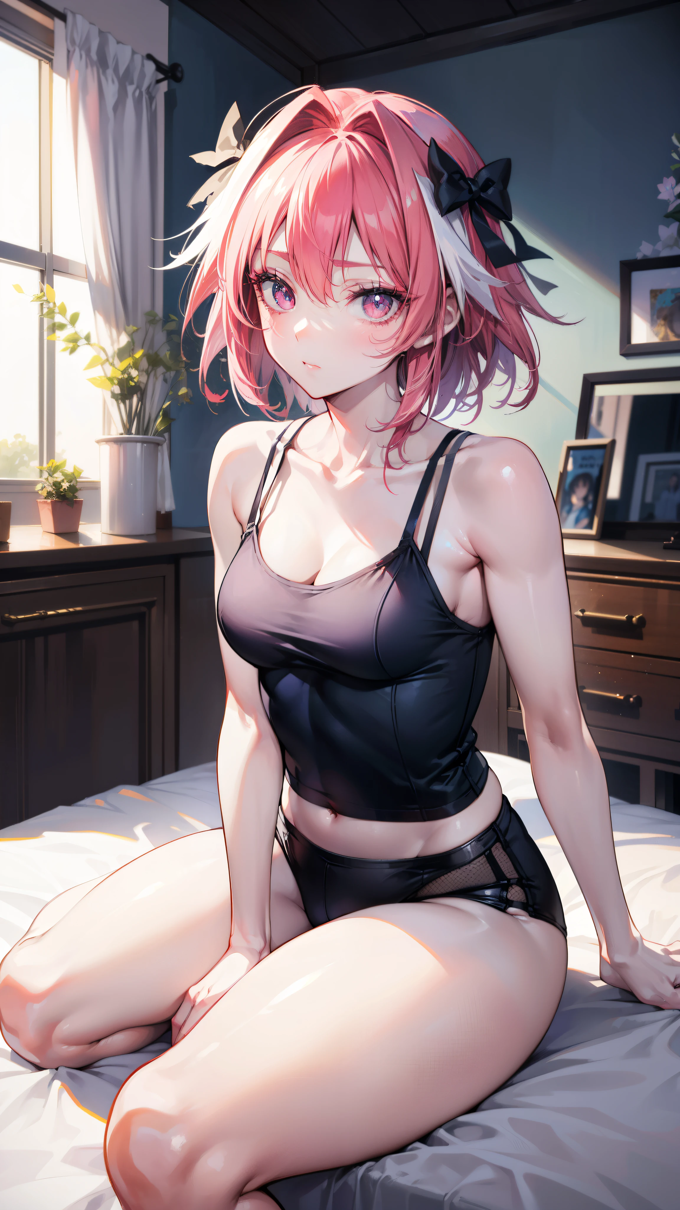 Astolfo, ((Femboy)), Anime, (Masterpiece:1.25), Best quality, High resolution:1.35, RAW photo:1.2, Detailed CG, Dreamy, Curvy build, Skinny, Slender body, Fine detailed beautiful eyes: 1.2, Embarassed Expression, Erotic thighs, Lustrous skin, Photon maping, Cinematic lighting, Full body shot, Dynamic angle, ((Tank top)), Show armpits, (((Sitting on bed))), Cute face, Long eyelashes, detailed eyelashes, eye shadows, glowing eyes, realistic eyes, Natural makeup, Clear facial features, Hyper detailed face, Lip details