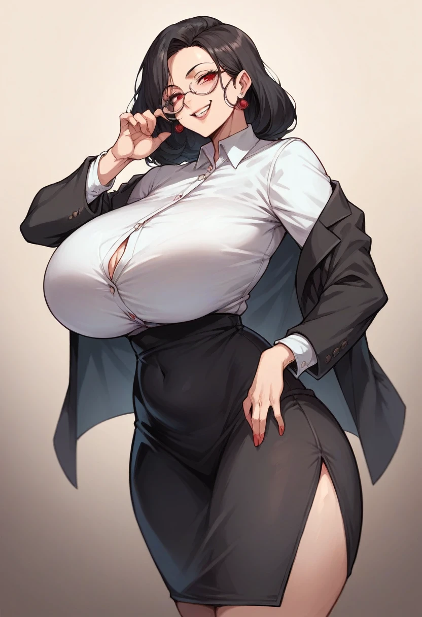 Masterpiece, 1 mature woman, black hair, huge breasts, wide hips, red eyes, big breasts, round ass, glasses, black suit, tight skirt, slutty, smile, evil looking, cute face, flirting, milf