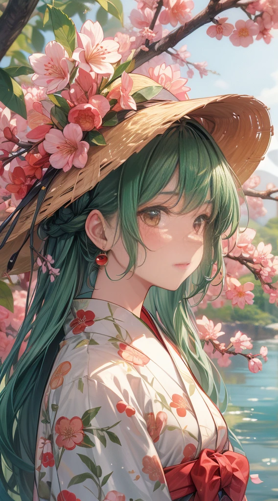 A personified character representing Yamagata Prefecture, Japan. The character has shoulder-length, dark green hair, symbolizing the rich natural environment and famous cherry orchards of Yamagata. The eyes are a soft, warm pink, reminiscent of the region's famous cherries. The character is dressed in a traditional yukata with patterns inspired by cherry blossoms and the Mogami River, which flows through the region. The outfit is paired with a woven straw hat, symbolizing the traditional crafts of the area and protection from the sun during the harvest season. Accessories could include a small charm representing the Dewa Sanzan shrines or motifs related to Yamagata's famous fruits. The overall demeanor is serene, nurturing, and harmonious, reflecting the peaceful and abundant nature of the region. The background hints at lush orchards, rivers, and mountainous landscapes. The image should be in a vertical 9:16 format, capturing the full figure of the character.