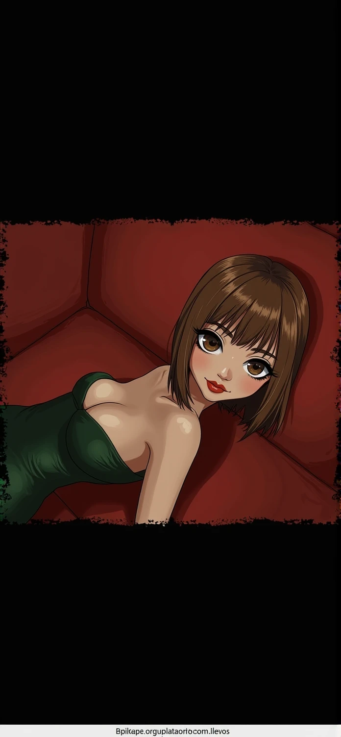 Chestnut woman + big, intense brown almond-shaped eyes + short straight hair + Fitted green dress + Brazilian