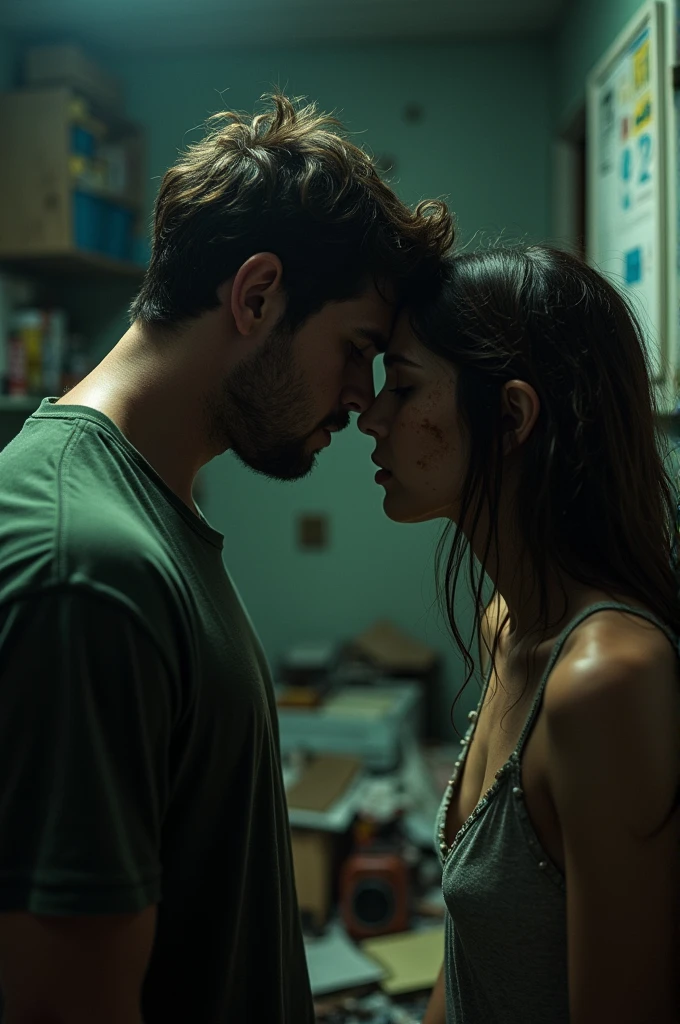Young woman encountering young man in a room full of electroshock equipment with blank stare and scarred skin