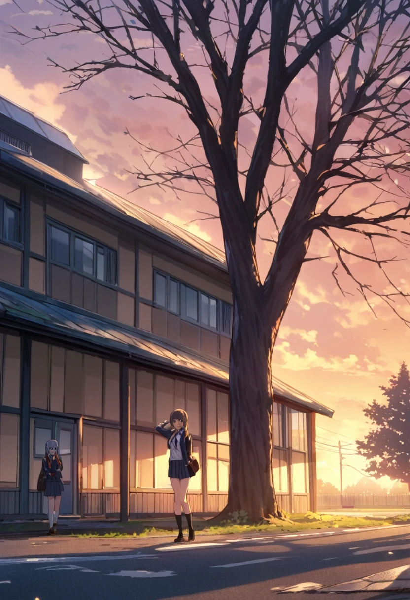 One Woman、beautiful girl、after school、evening、high school girl、School、Back of the school building、Schoolyard、winter、Under the big tree、that'that'it's snowing、Snowfall、Blazer Uniform、Pleated skirt、Duffle coat、Black knee-high socks、Long Hair、Wear a scarf、Highest qualthaty, Thick thighs、big 、Black Hair