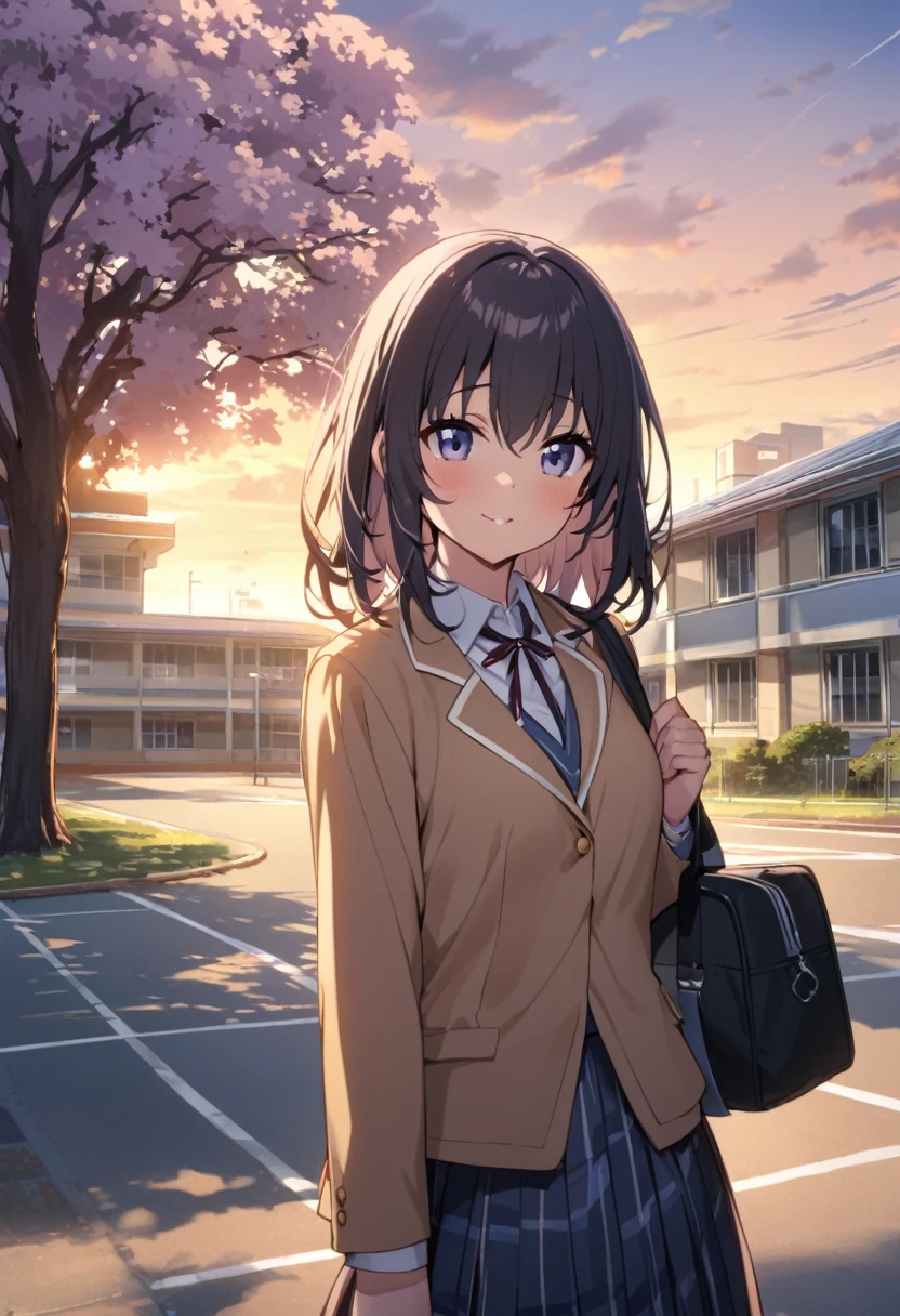 One Woman、beautiful girl、after school、evening、high school girl、School、Back of the school building、Schoolyard、winter、Under the big tree、that'that'it's snowing、Snowfall、Blazer Uniform、Pleated skirt、Duffle coat、Black knee-high socks、Long Hair、Wear a scarf、Highest qualthaty, Thick thighs、big 、Black Hair