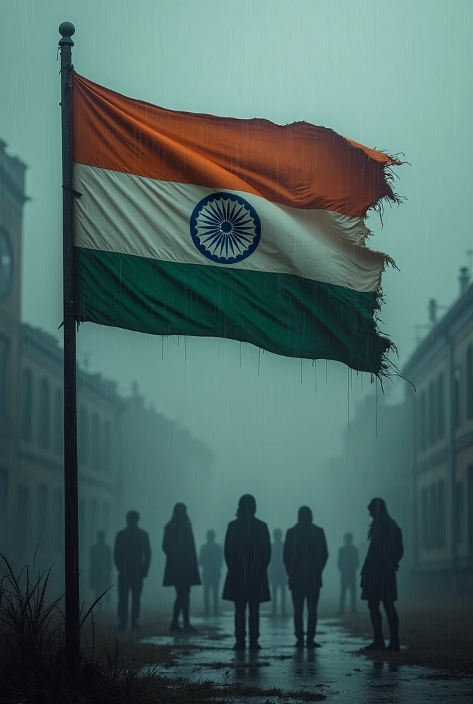 A tattered flag of India hoisted in rain with a background of sexual assault survivors who were silenced