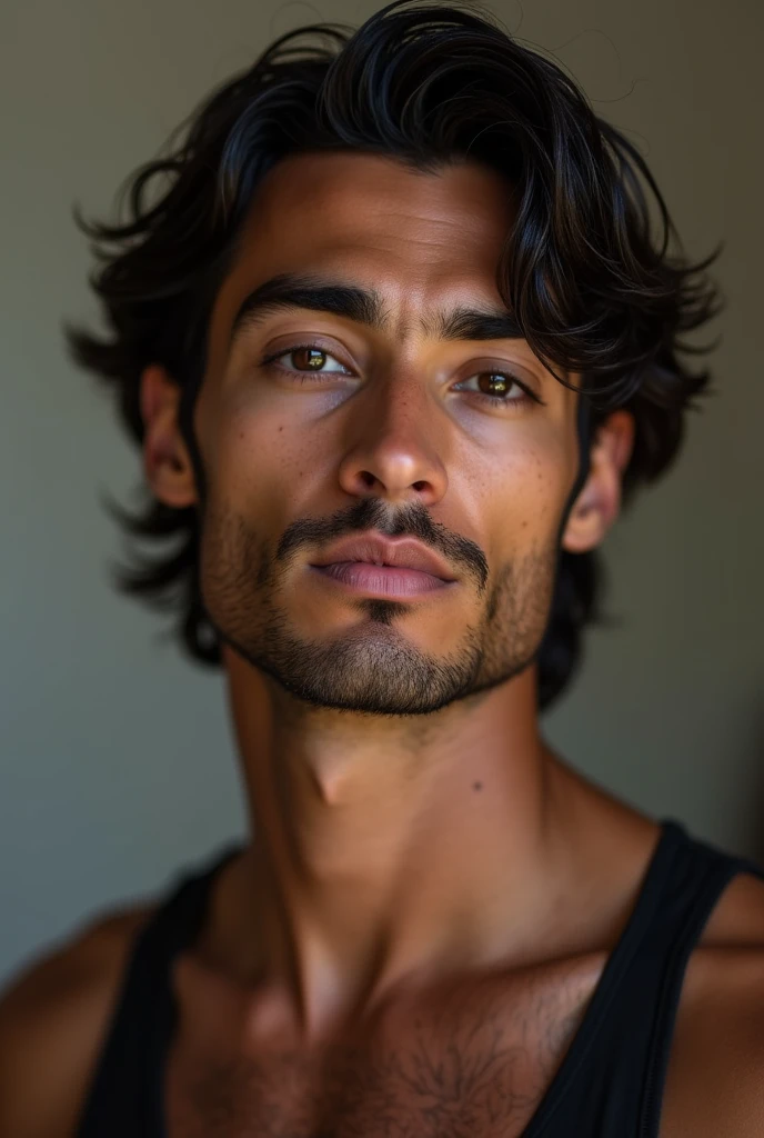Brown man 187 cm tall, has medium dark slikeback hair model, with dark shiny eyes half western