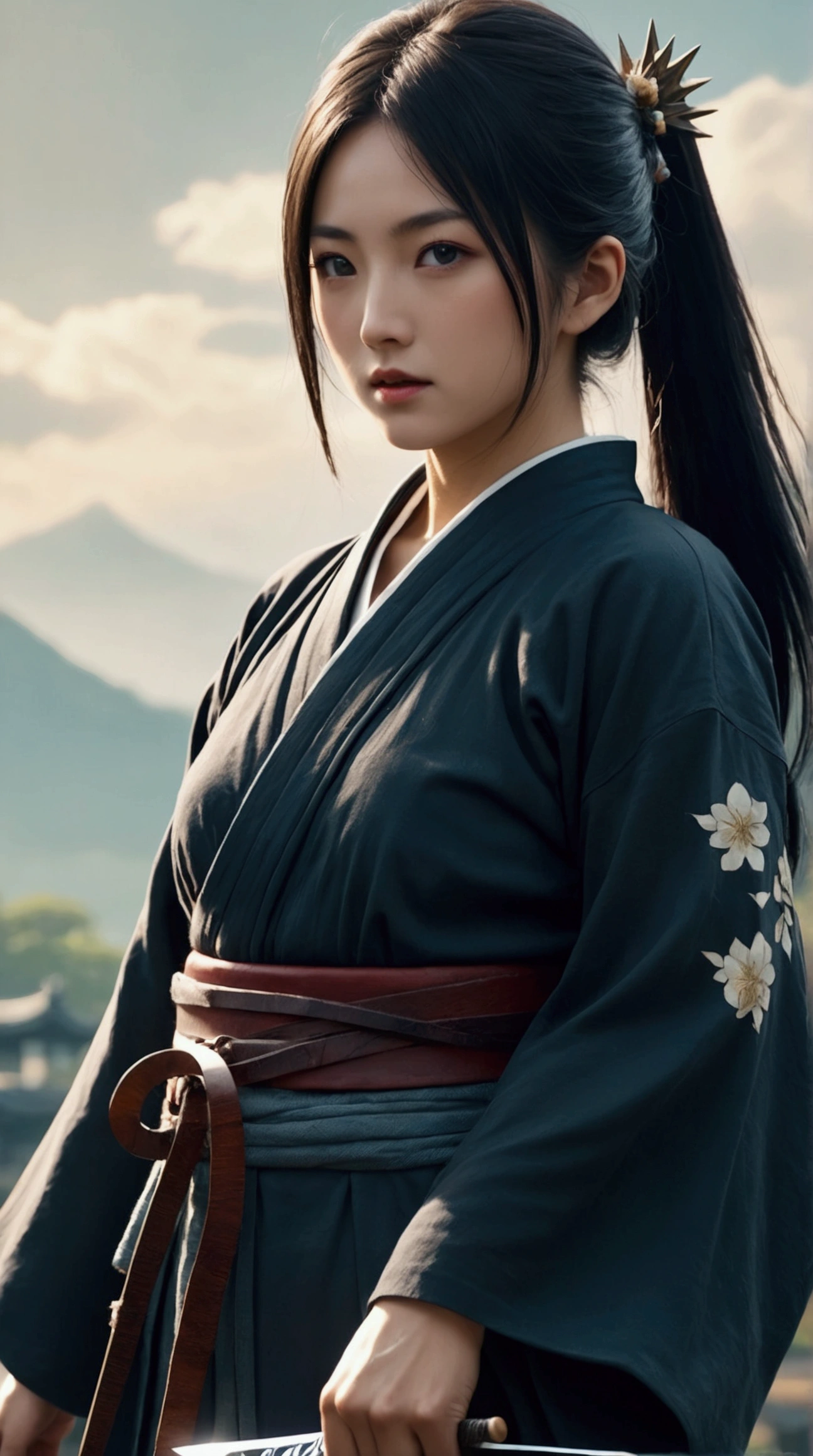 (Japanese sword &reference;Muramasa 2&reference;.2)Beautiful 27 year old woman、Japanese women、Tie your hair back、Hair ornament artist、Shinobi Costume、Warrior、Clear Eyes、{Arm tattoo(SakuraFubuki}&#39;Back Tattoo、Warrior、(Japanese swordを両手で構える、1.3)(Japanese sword1.2)Intermediate position、In front of the body、(Hold the sword horizontally 1.3)、whole body、Long Blade Sword、Realistic battle scenes、敵Warriorの返りBlood、Blood、High resolution、Highest quality、Very detailed、8k、background、The castle is burning、Sparks fly、