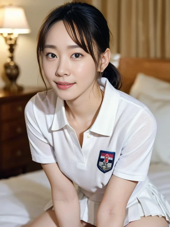 (Masterpiece, Best quality:1.3), (Ultra realistic, Photo-realistic:1.2), Natural light, 28 years old actress, Japanese beautiful 2 women, Neat and clean, (White tennis uniform, White short-sleeve polo shirt with darknavy line collar:1.1), (unbutton:1.2), (White pleated skirt:1.1), (damaged:1.1), white sock, (ponytail:1.2), (Beautiful faces), Oval face, clear, Beautiful eyes, Kind eyes, Clear skin, Small face, Beautiful mouth, Small mouth, Natural makeup, Approachable, Seductive smile, (Seductive pose:1.2), Beautiful thighs, Bedroom eyes, Embarrassed, Blush, Luxury hotel Suite room, On bed, (nsfw:1.2), obscene reality of girls, (lesbian couple, petting together:1.2), looking at each others, grabbing crotch, erotic hugs,