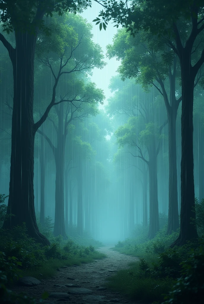 Create an animated image of a forest and , It needs to be raining and it needs to evoke an emotional and sad feeling 