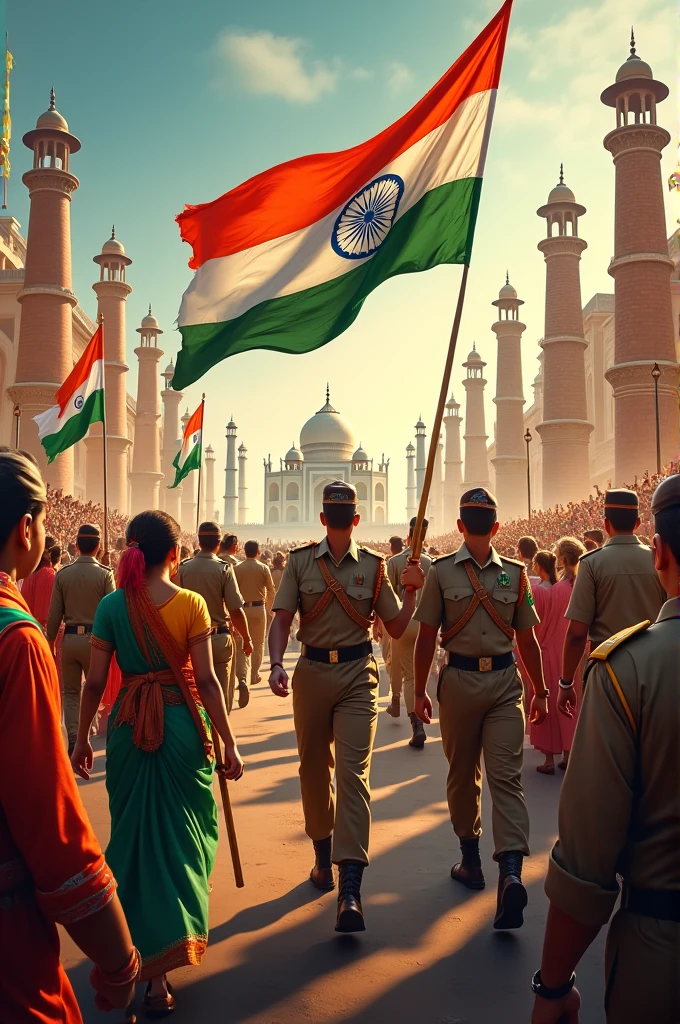 India independence day with Indian army and different state famous places in tricolour