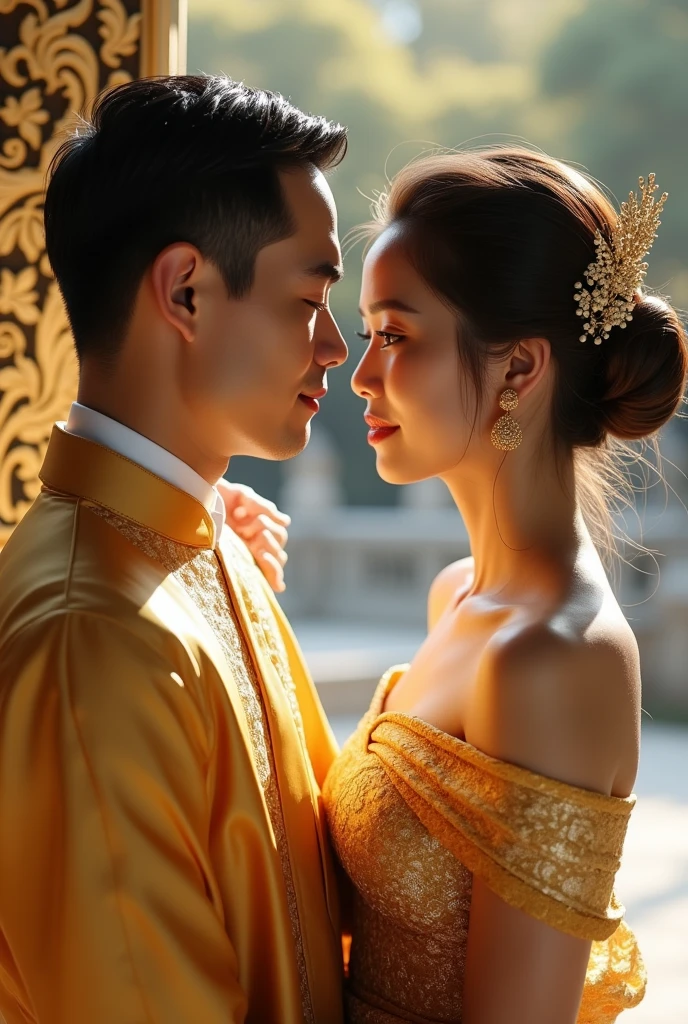 A virtual image of a man and a woman with beautiful and handsome faces..(((There are no two men. There are no two women.))), Wearing a traditional Thai dress with a golden sash at a wedding ceremony in a studio..,Women wear golden Thai silk with intricate patterns.. , A man wearing a golden cloth., The pores can be clearly seen. ,The backdrop is an ancient Thai tourist attraction., Clean white brochure. Comfortable body with high resolution photos,Don&#39;t wear a crown..,Don&#39;t close your eyes.,beautiful light, Soft eyes.