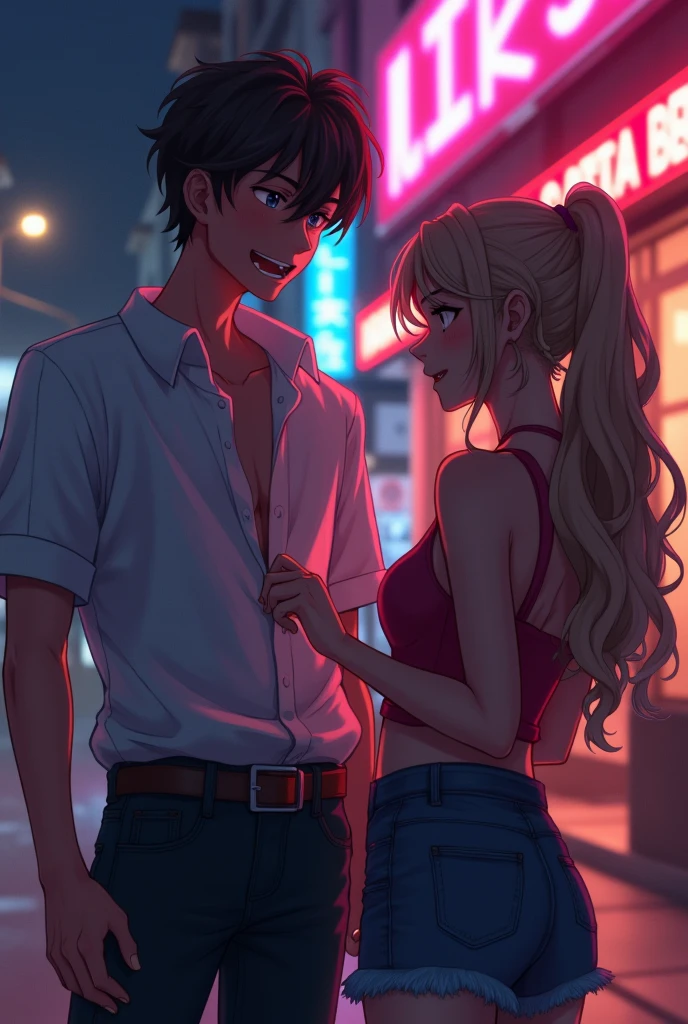 Create an anime-style image of a 21-year-old boy with a mischievous smile trying to remove the girl's clothes. A blushing girl stands closer, playfully tugging at her outfit. The setting is a dimly lit urban street with neon lights, creating a flirty, seductive vibe that reflects the line, "Are you a magician? Because whenever you’re around, your clothes disappear in my mind."