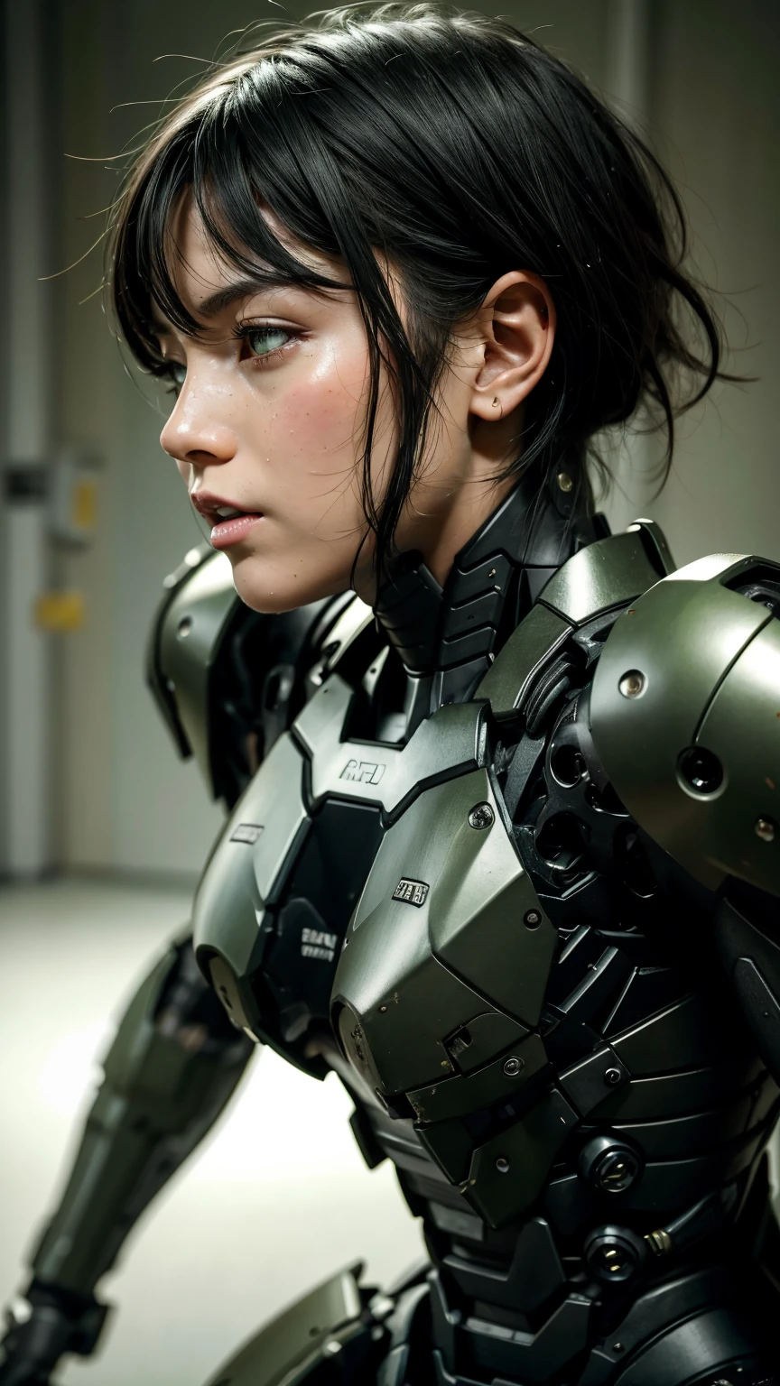 Textured skin, Very detailed, Attention to detail, high quality, 最high quality, High resolution, 1080P, hard disk, beautiful,(War Machine),beautifulサイボーグ女性,Mecha Cyborg Girl,BATTLE MODE,Girl with a mechanical body Black Hair Short Hair Boyish Dark green armor Sweaty and wet face The change is over Met Off Steam coming from the head Steam coming out of the whole body Painful expression Please open your mouth wide Snug-fitting headgear Black Inner Suit Rear view